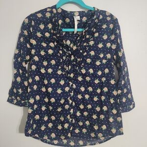LC Lauren Conrad Navy Floral Blouse 3/4 Length Sleeves, size M